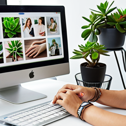 **A brightly lit, tidy office desk decorated with small succulent plants and a framed family photo. A woman is gently rotating her wrists while sitting at the desk, focused on the screen. The scene conveys a sense of calm and well-being amidst a busy workday.**