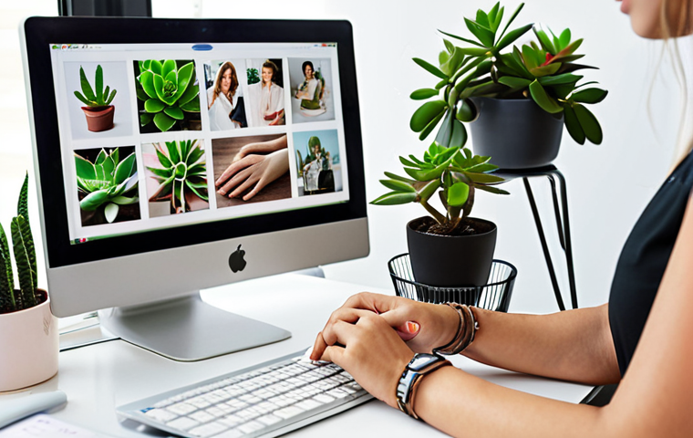 **A brightly lit, tidy office desk decorated with small succulent plants and a framed family photo. A woman is gently rotating her wrists while sitting at the desk, focused on the screen. The scene conveys a sense of calm and well-being amidst a busy workday.**