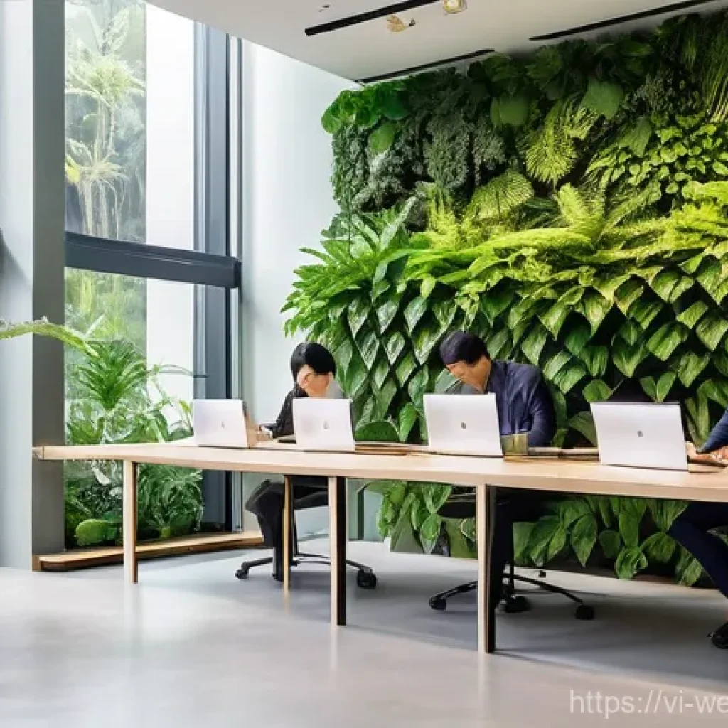 사무실에서의 혁신적인 디자인 요소 - **Prompt:** A vibrant, sun-drenched modern office space in a Vietnamese city, designed with strong b...