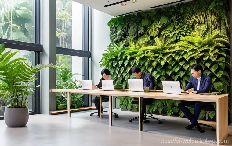 사무실에서의 혁신적인 디자인 요소 - **Prompt:** A vibrant, sun-drenched modern office space in a Vietnamese city, designed with strong b...