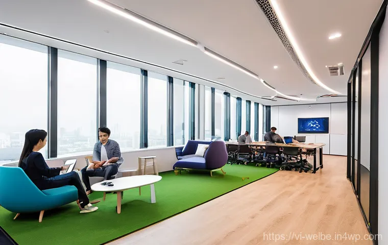 사무실에서의 혁신적인 디자인 요소 - **Prompt:** A vibrant, sun-drenched modern office space in a Vietnamese city, designed with strong b...