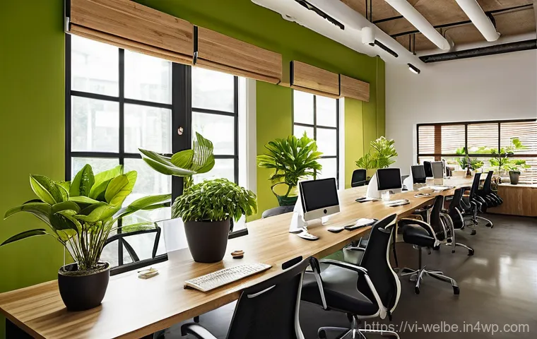 사무실에서의 혁신적인 디자인 요소 - **Prompt:** An innovative, tech-integrated office environment in a bustling Vietnamese metropolis, e...