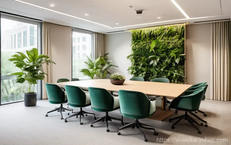 사무실 내 회의 공간의 웰니스 기법 - Prompt 1: Serene Biophilic Meeting Room Bathed in Natural Light**