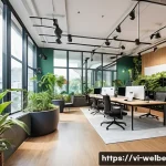 Home 21 사무실 웰니스의 장기적 효과 분석 - A vibrant, modern open-plan office space in a Vietnamese city, bathed in warm natural sunlight strea...
