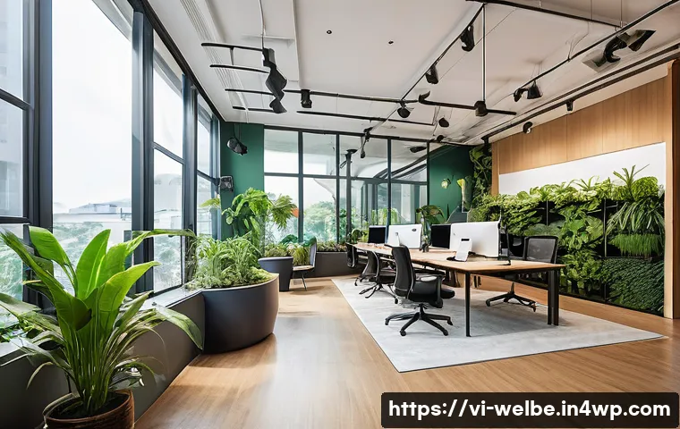 사무실 웰니스의 장기적 효과 분석 - A vibrant, modern open-plan office space in a Vietnamese city, bathed in warm natural sunlight strea...