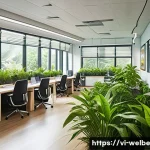 Home 20 사무실 내 긍정적 사고 촉진 방안 - A modern Vietnamese office interior filled with natural sunlight streaming through large windows, ab...