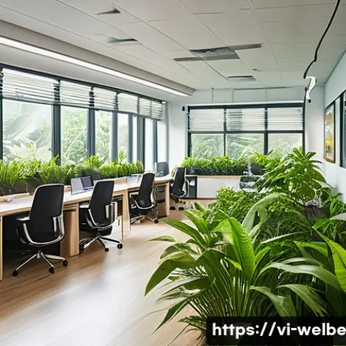 Home 32 사무실 내 긍정적 사고 촉진 방안 - A modern Vietnamese office interior filled with natural sunlight streaming through large windows, ab...