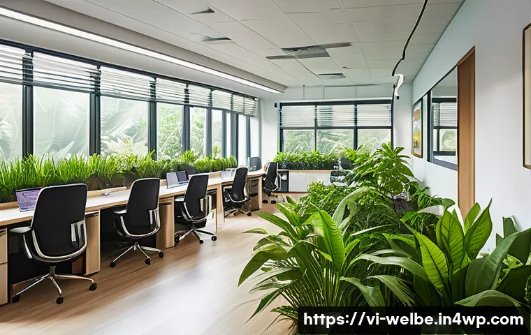 사무실 내 긍정적 사고 촉진 방안 - A modern Vietnamese office interior filled with natural sunlight streaming through large windows, ab...