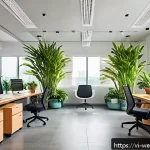 Home 19 사무실 내 변화하는 웰니스 트렌드 - A modern Vietnamese office interior bathed in warm natural sunlight streaming through large windows,...