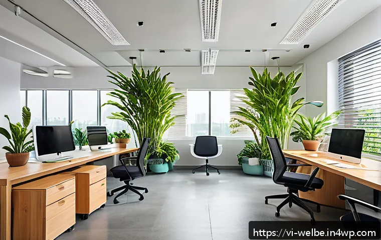 사무실 내 변화하는 웰니스 트렌드 - A modern Vietnamese office interior bathed in warm natural sunlight streaming through large windows,...
