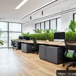 Home 18 웰니스 사무실 구성에 영향을 미치는 요소 - A modern Vietnamese office interior bathed in natural sunlight streaming through large windows, feat...