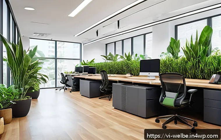 웰니스 사무실 구성에 영향을 미치는 요소 - A modern Vietnamese office interior bathed in natural sunlight streaming through large windows, feat...
