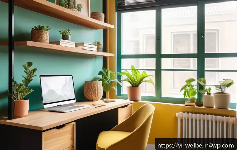 사무실 내 개인화된 작업 공간의 중요성 - A cozy personalized home office setup featuring a wooden desk near a large window with abundant natu...