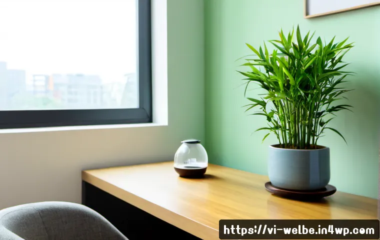 Home 17 사무실 내 웰빙 감각 자극하기 - Photorealistic Vietnamese office wellness corner, a bright modern workspace with a small indoor bamb...