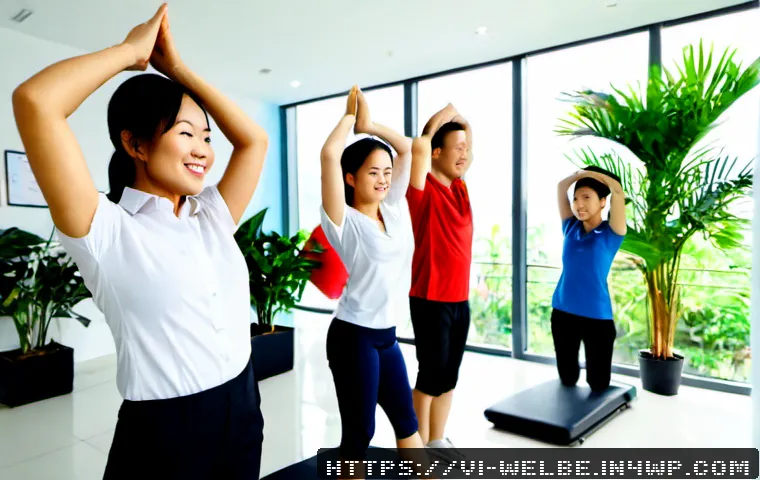 Home 17 사무실 웰니스 프로그램 성공 사례 - Photorealistic successful office wellness program in a modern Ho Chi Minh City workplace, diverse Vi...