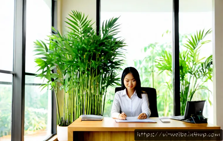 자연 요소와 인간의 관계  사무실 내 적용 - Photorealistic modern Vietnamese office integrating natural elements, a young Vietnamese professiona...